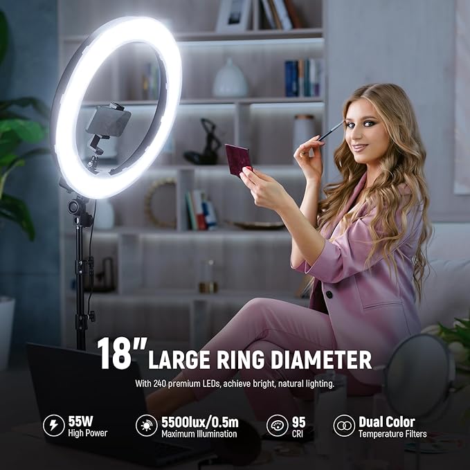 NEEWER 55W 18"/45cm Ring Light Kit [New Version], 5600K Dimmable LED Ringlight Tripod Stand Phone Holder for iPhone Selfie Makeup Lash Tattoo Studio Photo Video Recording Photography Lighting, RL-18