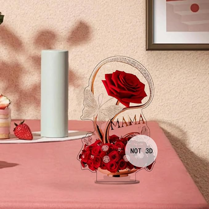 Rose Flower Ornament 2D Flat Acrylic Tabletop Present with Floral Butterfly Designs DIY Crafts Mothers Day Present Home and Office Desktop Ornaments Decorations Supplies