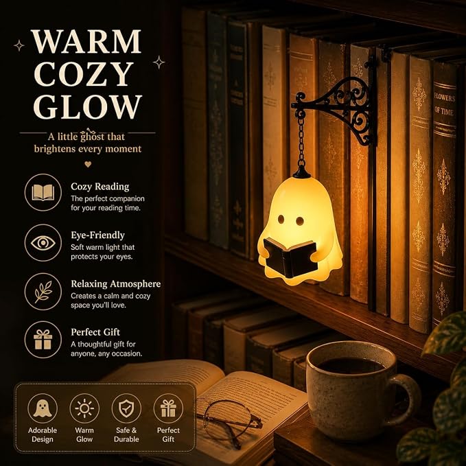 Library Lantern Bookshelf Lamp, Ghost Bookshelf Lantern with Warm LED Nightlight, Mini Nook Light for Bookshelf, Table Desk Pumpkin Luminaire, Halloween Bookshelf Decor for Book Lovers