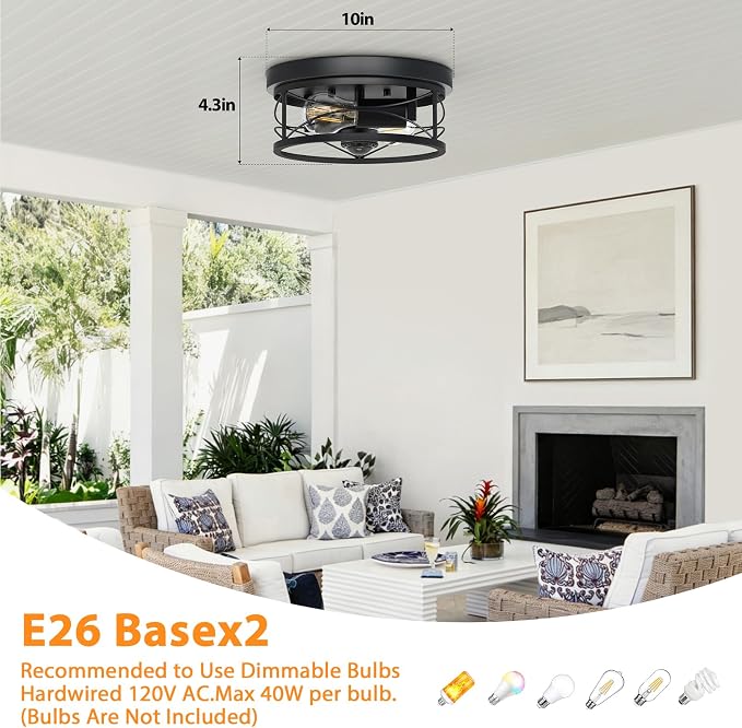 Dusk to Dawn Flush Mount Ceiling Light Fixtures, Motion Sensor for Porch | 2-Light Flush Mount Porch Light, 10in Black Ceiling Mount, Industrial Exterior Light Fixture for Farmhouse Entryway Foyer