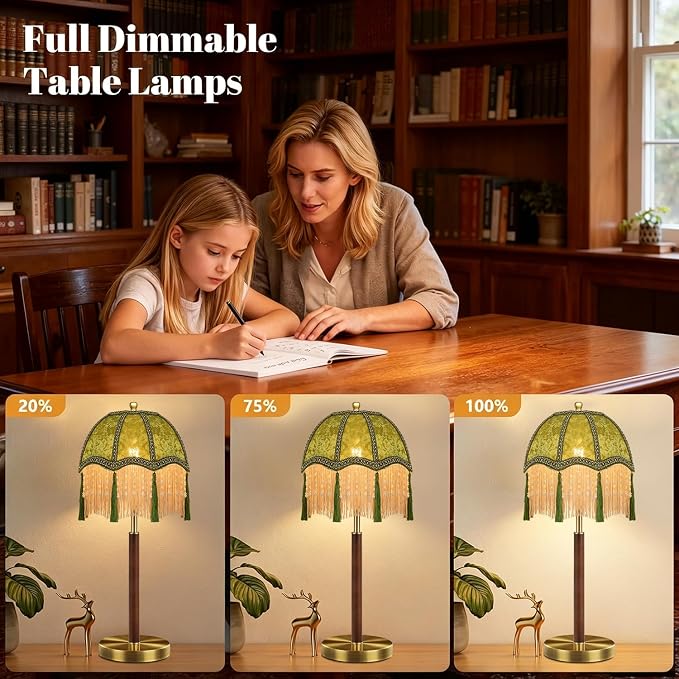 ILLMTW Fringe Table Lamp for Bedroom Living Room,Vintage Bedside Lamps Dimmable Boho Bedroom Lamp with Flower Green Lamp Shade,Mid Century Retro Tassel Unique Wood Small Nightstand Lamp Tiffany Decor
