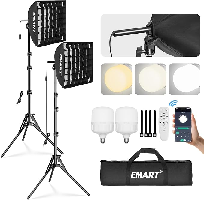 EMART Softbox Lighting Kit with Grid, 50W 16"x16" Soft Box for Photography | Pull Softbox, 3000K-6000K LED Bulb with Remote/APP Control, Photography Lighting for Video Recording,Streaming,Portrait 2Pack