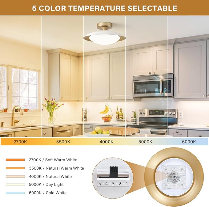 Dimmable Modern Mid-Century LED Ceiling Light, White and Gold, 12.6 Inch | Semi Flush Mount Ceiling Light, 5CCT 2700K-6000K Lighting Fixture Ceiling Lamp with Glass Shade for Bedroom Hallway Kitchen