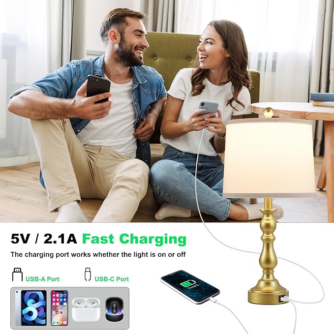 Farmhouse Side Table Lamps for Living Room Set of 2 with USB C+A Ports, Bedside Lamp for Bedroom, Dining Room Decor, Office, End Table, Knob Switch, 3 Color Temperatures, Bulb Included, Gold