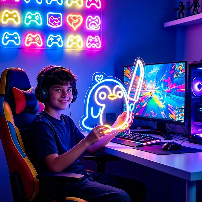 Penguin Neon Sign Led Sign Neon Signs for Wall Decor Neon Lights | Penguin Led Light Up Sign, Blue Game Room Decor, Boys Gift, Party, Wall Decor, 5V USB Powered