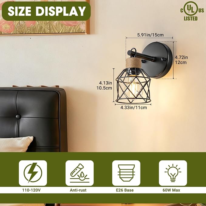 Set of 2 Wall Sconces for Bathroom, Black Modern Vanity Lights with Metal Lampshade, Bathroom Wall Lamp for Mirror Kitchen Living Room Hallway Cabinet Porch, E26 Socket