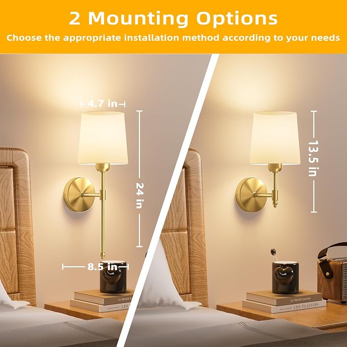 Battery Operated Wall Sconces Set of 2, Wireless Rechargeable Dimmable Wall Light with 5600mAh RGB Bulb and Remote for Bedroom, Living Room, Hallway, Gold, 24in