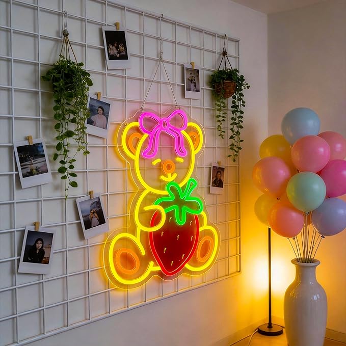 Strawberry Bear Neon Sign Girl Room Decor Led Neon Lights Signs for Wall Decor USB Powered Led for Room Decoration