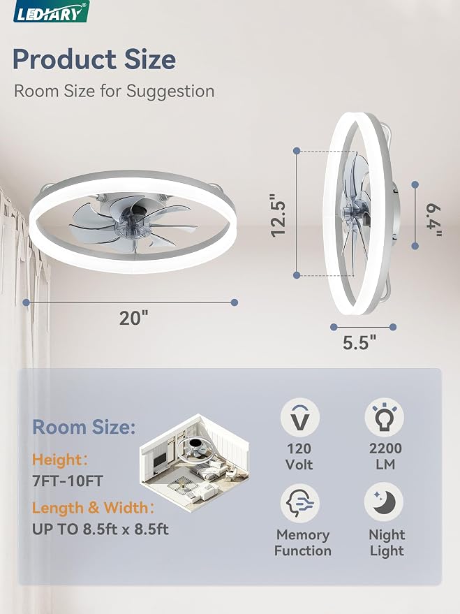 LEDIARY 20" Low Profile Ceiling Fans with Lights, APP & Remote, Grey | Flush Mount, Dimmable LED, Quiet DC Motor, Reversible, 6 Speeds, Fandelier, for Bedroom