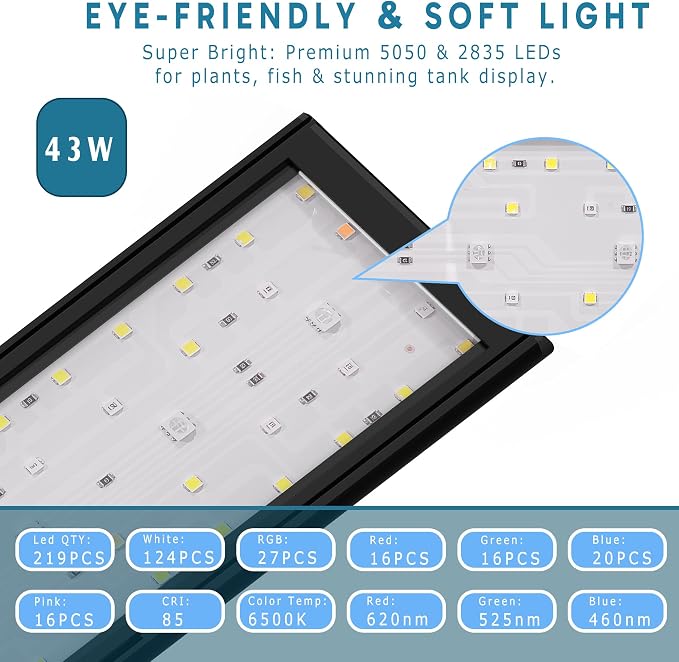 24/7 LED Aquarium Light with Remote for 46-56 Inch Plant & Fish Tank IP68, 12-Color & Gradient & Full Spectrum Light with Timer, Auto On/Off, Brightness, Extendable Brackets for Freshwater
