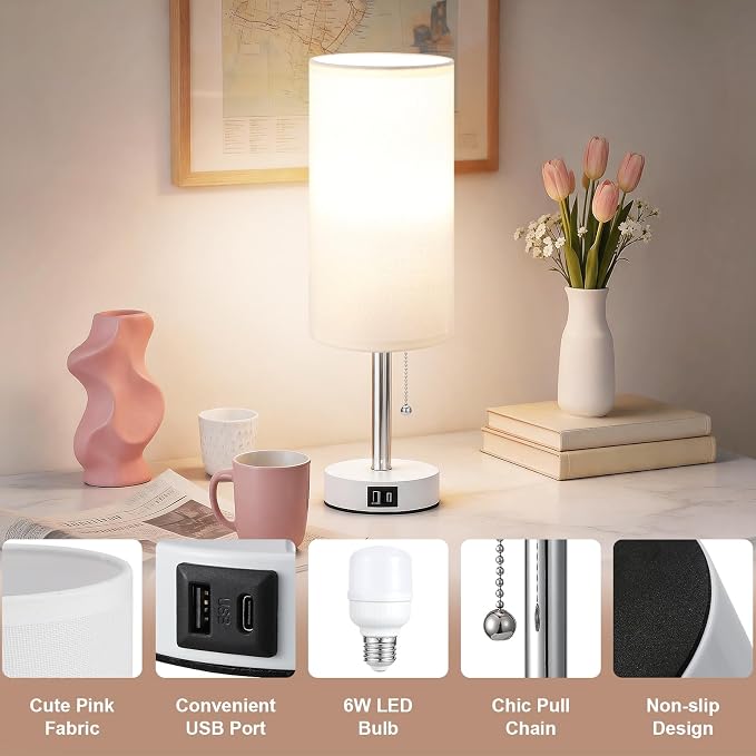 White Bedside Table Lamp for Bedroom - Small Nightstand Lamp for Girls | 3 Color Temp, USB A+C Ports, LED Bulb Included, Soft White Fabric Shade, Matte White Metal Base, 14" Desk Lamp for Kids Dorm
