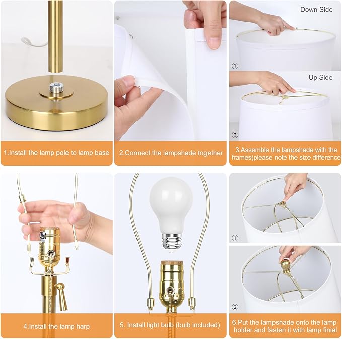 Modern Gold table Lamp 22" to 30"Adjustable Height 3 Brightness Way Brass Nightstand with White Linen Shade Pull Chain Pole Lights for Living Room Guest Bedroom End Table Office(Bulb Included, Single)