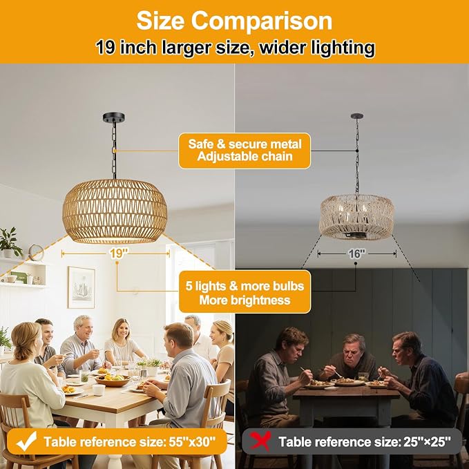 9"-52" Height Adjustable Farmhouse Chandelier Light Fixture, 5-Light Rattan Boho Chandeliers for Dining Room, Hand Woven Pendant Light with Linen Shade, Rustic Hanging Lighting for Kitchen Island