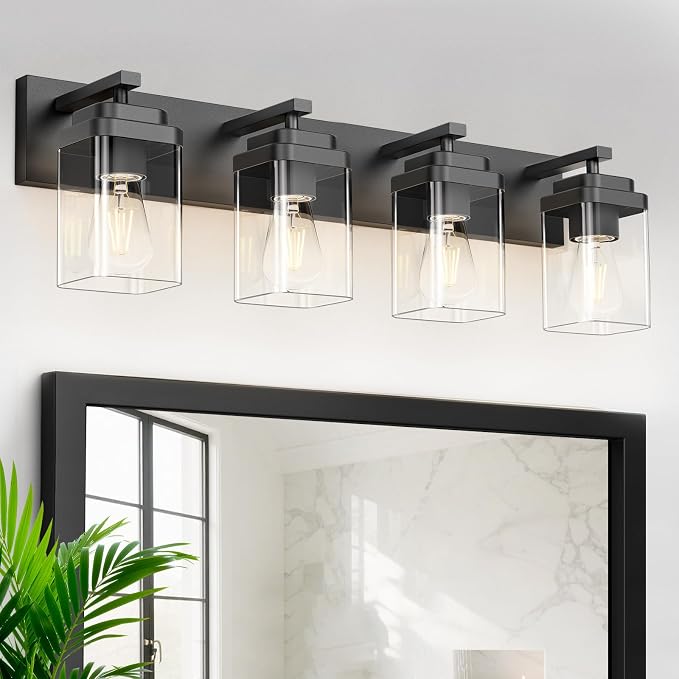 Black Bathroom Light Fixtures, 4 Lights Bathroom Lighting Fixtures Over Mirror, Square Design & Rectangle Large Backplate, Modern Vanity Lighting Fixtures, for Bathroom/Living Room/Bedroom