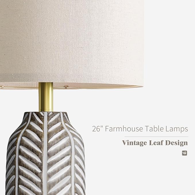 BOBOMOMO 26" Retro Farmhouse Lamps Set of 2 - Vintage Leaf Design, Living Room Lamps with Linen Shades, Rustic Resin Lamp for Bedroom, Living Room, Nightstand, Entryway, Nursery, Wood Grain