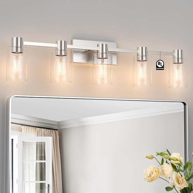 5-Light Modern Vanity Light Fixtures Over Mirror, Brushed Nickel Bathroom Light Fixtures, Vanity Lights, Wall Sconce with Clear Glass Shade for Bathroom, E26 Base
