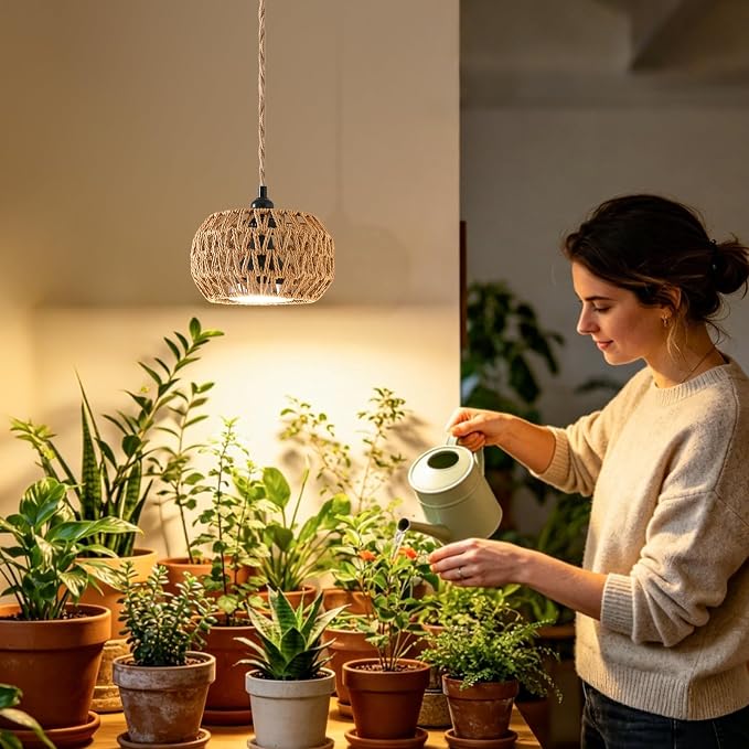 Hanging Grow Light, 30W LED Lamp with Timer for Indoor Plants | 4000K LED plant lamp with 15 ft cord, outlet timer, and boho paper rope shade for succulents, herbs, and low-light rooms.