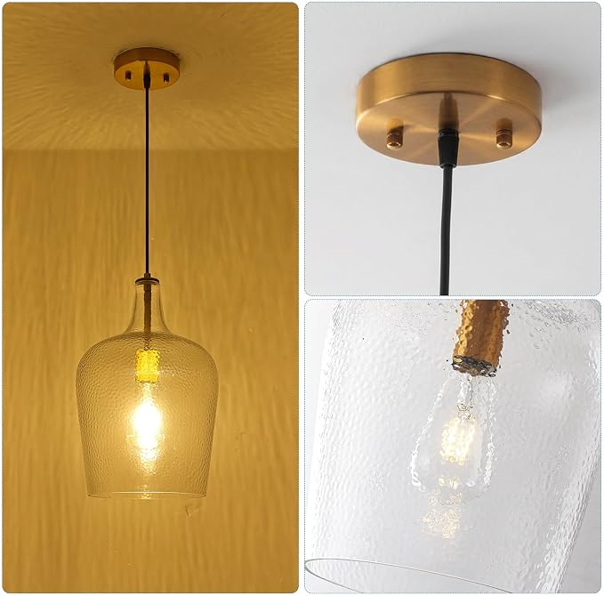 9.3" Blown Glass Pendant Lighting for Kitchen Island, Gold Large Pendant Light Fixture with Blown Thickened Glass, 1 Light Farmhouse Hanging Light for Hallway, Bedroom, Living Room Tall 14 inch