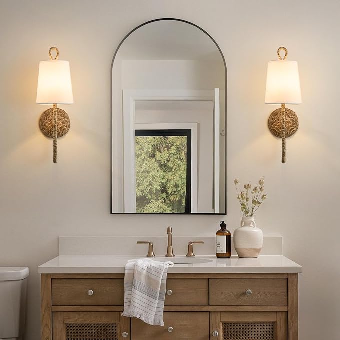 Boho Coastal Rattan Wall Sconce: Set of 2 Wicker Hardwired Bathroom Lights | Natural Woven Bohemian Beachy Nautical Sconces, White Fabric Scalloped Light Fixture for Bedroom Bedside Vanity Hallway Decor