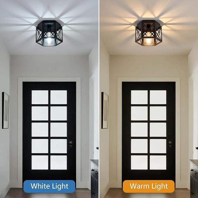 XSDeTu 2 Pack Flush Mount Ceiling Light, 1-Light Black Light Fixtures Ceiling Mount, Small Flush Mount Lamp with Hexagonal Metal Cage, Farmhouse Chandeliers for Hallway Kitchen Sink Entryway Foyer