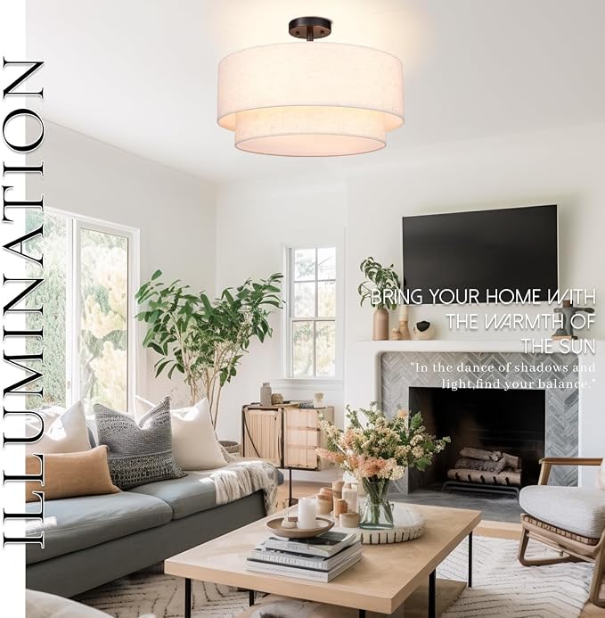 Hamilyeah 20 inch Semi Flush Mount Ceiling Light Fixture with 4 Light, Beige Drum Light Fixture Ceiling Mount with Fabric Shade, Modern Close to Ceiling Lighting Double Layer for Living Room, Bedroom