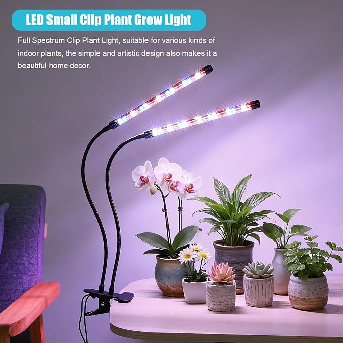 Indoor Plant Grow Light, Full Spectrum Clip Plant Lamp with Red, Blue, White Light, Plant Growing Light with Adjustable Gooseneck, 4/8/12/18H Timer, 10 Brightness Levels, 3 Lighting Modes, 2 Head