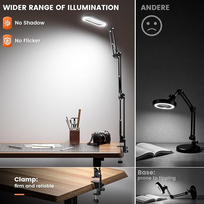 10X Rectangle Magnifying Lamp, Large Magnifying Light with 5 Color Modes | Magnifying Glass with light and Clamp, Hands Free, for Close Work, Crafts, Jeweller Repair, Painting, Hobbies