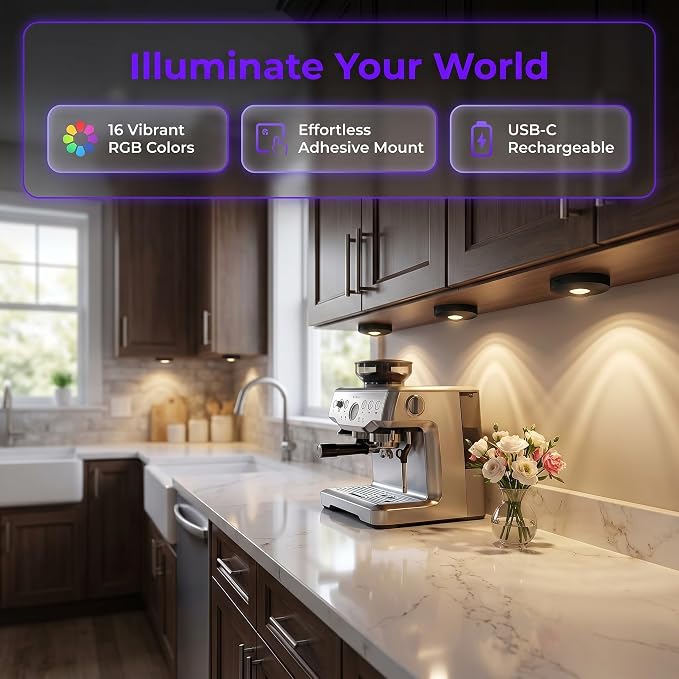 Rechargeable Magnetic Puck Lights, RGB Under Cabinet Lighting with Remote & Touch Control, Dimmable/3 Color Temps/Timing, Wireless Stick-On Lights for Kitchen Shelf Pantry