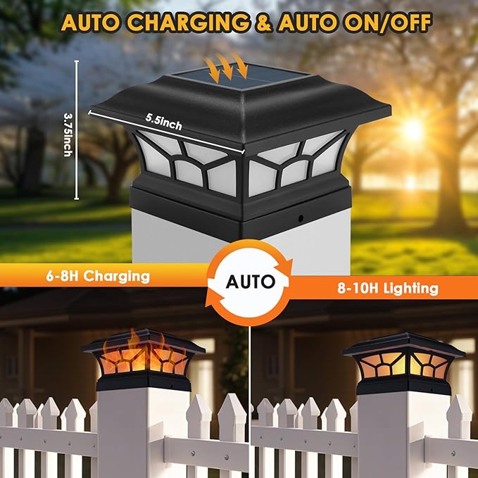 4 Pack Solar Post Cap Lights Outdoor Flickering Flame & Warm White, Fits 4x4 5x5 6x6 Wooden or Vinyl Posts, Waterproof Solar Fence Deck Lights for Yard Garden Patio Decoration.