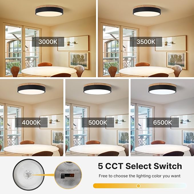 12" Minimalist Black and Wood LED Flush Mount Ceiling Light Fixture | Natural Wood Accent, Integrated LED, 5CCT Before Installation, Slim Low-Profile Design, Minimalist Modern Style, Compact Size