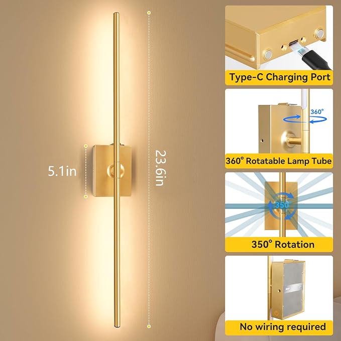 Battery Operated Wall Sconces Set of 2, 10000mAh Wireless Rechargeable 3000-6000K Dimmable 350° Rotate Wall Light with Remote for Living Room, Bedroom 23.6in Gold