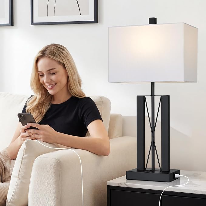 Lolikit 25" Table Lamps for Living Room Set of 2, Modern Table Lamp with 2 USB Charging Ports, Nightstand Geometric Bedside Lamp with White Shade for Bedroom End Table Desk Office(2 LED Bulb Included)