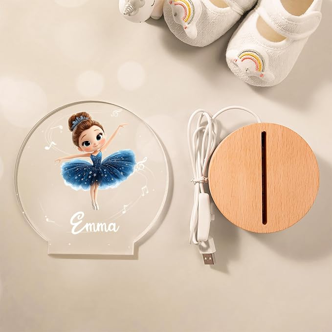 Personalized Ballet Night Light - Custom Name, Cute Acrylic Ballerina LED Light Lamp with Wooden Base for Bedroom Decor, Gifts for Kids Girls