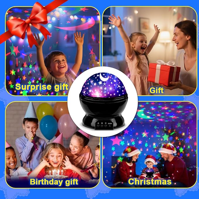 Night Light for Kids, Room Decor for Boys, LED Projector, Rotation Night Light Projector, USB or Battery Operated Star and Moon Lights, Change Color Star Lights (Black)