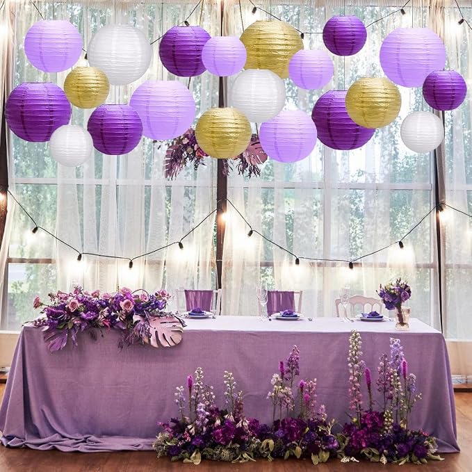 Paper Lanterns Party Decorations, Hanging Round Chinese Lanterns for Graduation Bachelorette Purple Birthday Decorations Pack of 20 Purple Gold