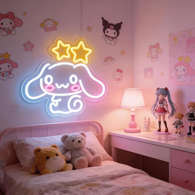 Cinnamoroll Neon Sign for Room Decor, USB Powered LED Lights with Dimmable, Japanese Cartoon Dog Neon Signs, Cute Night Light Gifts for Children (14.96"L x 12.99"W)