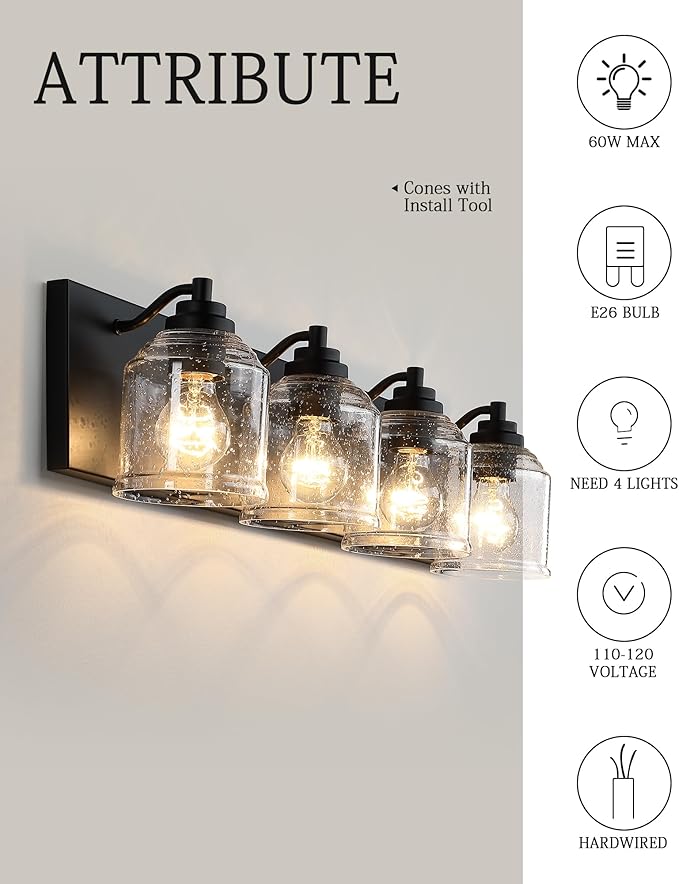 Vanity Lights for Bathroom Large 31.5", Farmhouse Rustic Vanity Light with Bubble Glass Shades, Black 4 Light Bathroom Lighting Fixtures Over Mirror, Bath Wall Sconce Home Decor
