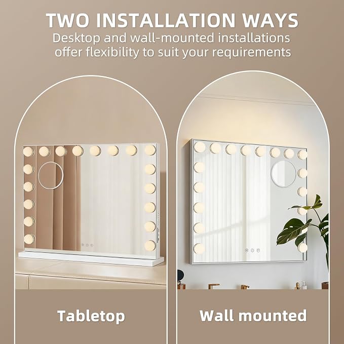 Large Vanity Mirror with Lights, 26"x20.9" Hollywood Mirror with 10X Magnification, 18 Dimmable LED Bulbs & 3 Color Lighting Modes Desk Wall-Mounted Makeup Vanity Mirror