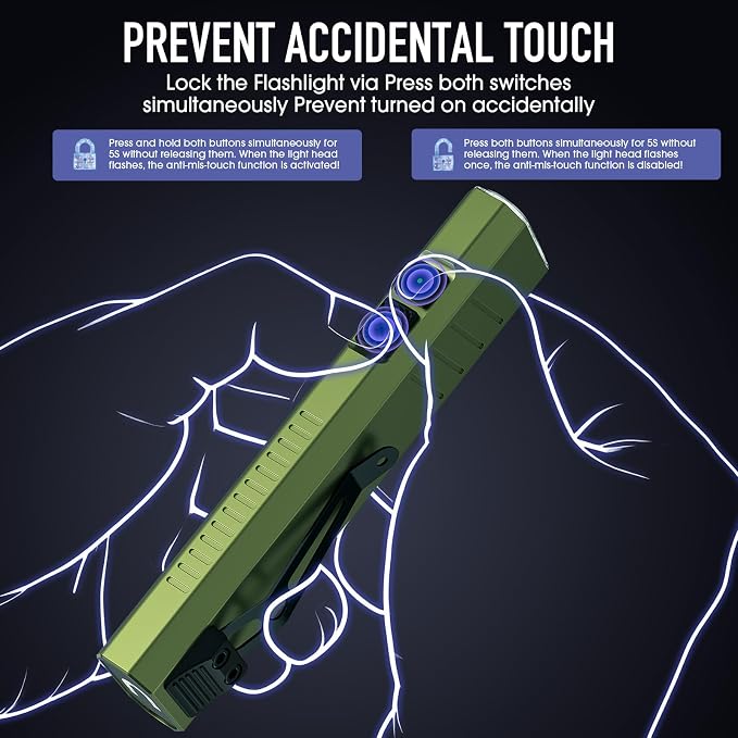 Hoxida Rechargeable EDC Flashlight High Lumens, Pocket Mini Flashlight with Tactical Strobe Button, Portable Magnetic Small EDC Flat Flashlight for Camping, Emergency,1pcs Green