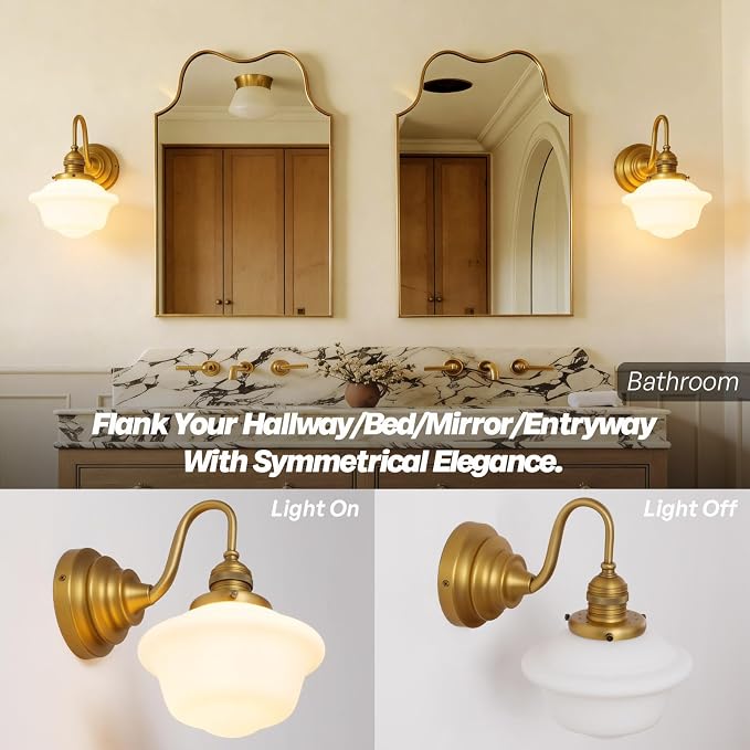 Vintage Wall Sconce Brass Gold Milk Glass Bathroom Vanity Light | 1 Pack,Bathroom Light Fixtures,Antique Brass,Frosted Milk Glass,Hardwired Only,E26 Base,for Bathroom Mirror Hallway