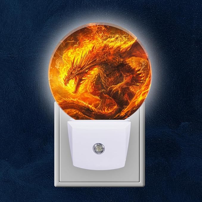 Round LED Night Lights Lamp with Dusk to Dawn Sensor, Fantasy Painting Of Enormous Majestic Dragon Made Out Of Fire Night Light Plug Into Wall for Kids Room, Bedroom, Bathroom, Kitchen, Hallway