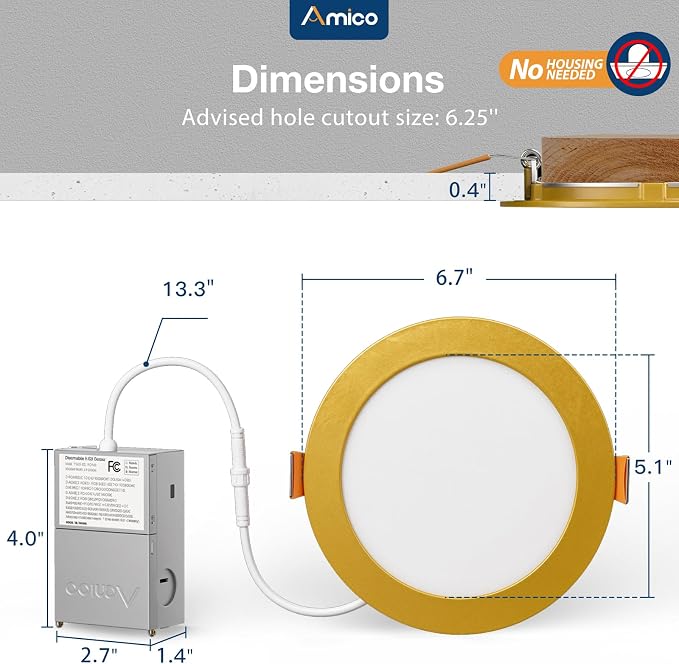 Amico 12 Pack 6 Inch Ultra-Thin LED Recessed Ceiling Lights Gold Finish | Metal 5CCT 2700K-5000K Dimmable Canless Wafer Downlight with Junction Box, Damp Location, IC Rated, ETL&FCC