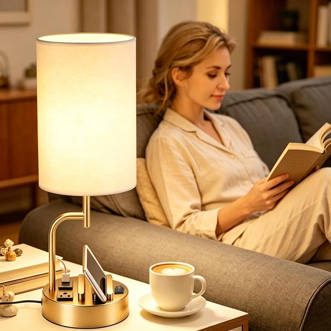 Dreamholder 2 Pack Table Lamp, Bedside Lamp with 3 USB Charging Ports & AC Outlet, USB Desk Lamp with 2 Phone Holders, Linen Fabric Shade Nightstand Lamps for Bedroom Living Room Office, Gold