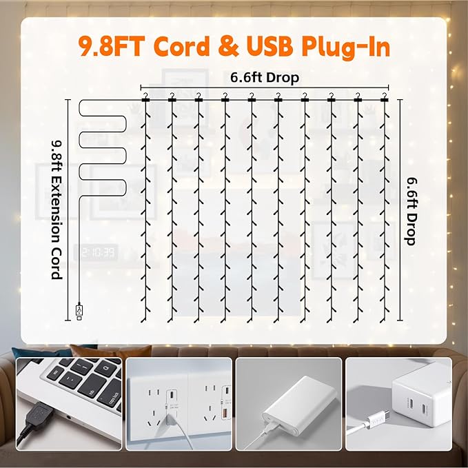 Curtain String Light, 200LED 6.6x6.6ft, Remote & 8 Modes, USB | Window Wall Hanging String Lights, For Bedroom, Wedding, Party, Home, Garden and Indoor Decorations, Multicolor
