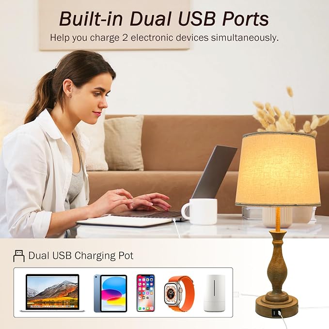 LALISU Farmhouse Table Lamp Touch Control 3-Way Dimmable Table Lamp, Modern Nightstand Lamp with 2 USB Port Bedside Desk Lamp with Fabric Shade for Living Room (Pack 1-Beige Shade & Touch)
