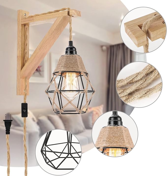 Frideko Plug in Wall Sconce Boho Farmhouse Hanging Wall Lamp with Plug in Cord, Wall Light with Wood Shelf Bracket for Bedroom Living Room Apartment RV Camper(Orange)