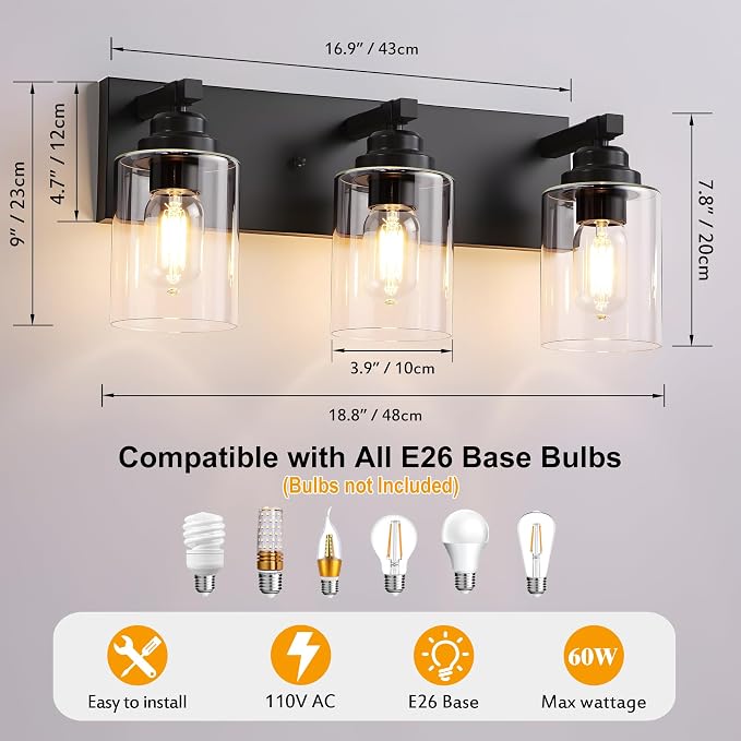 3-Light Matte Black Bathroom Vanity Light, Clear Glass Shade | 18.8" Wall Mount Over Mirror Lighting Fixtures, Durable Metal, Modern Farmhouse Style, for Bathroom, Bedroom, Easy To Install