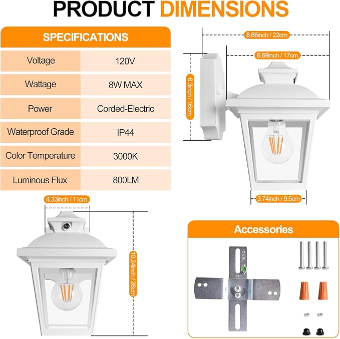 FUDESY Dusk to Dawn Outdoor Wall Lantern, Exterior Porch Light Fixture, E26 | Waterproof Modern White Wall Sconce, Sensor Outside Lighting Wall Mount for Hose,Front Door,Garage,Entryway, 3000K Warm White