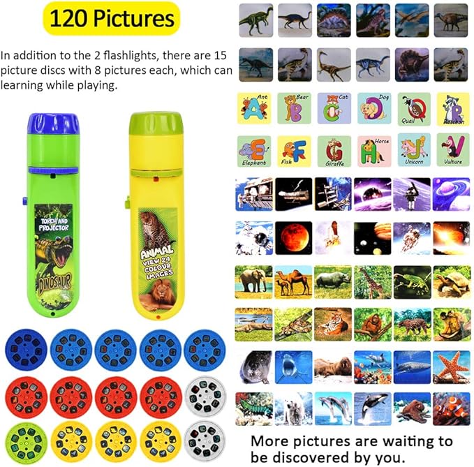 Yeelan 2PCS Projector Torch Projection Light Torches lamp Flashlight Dinosaur, Sea Animals, Space, Animal, 26 Letter Educational Learning Bedtime Night Light for Child,Kids (120 Images, 5 Themes)