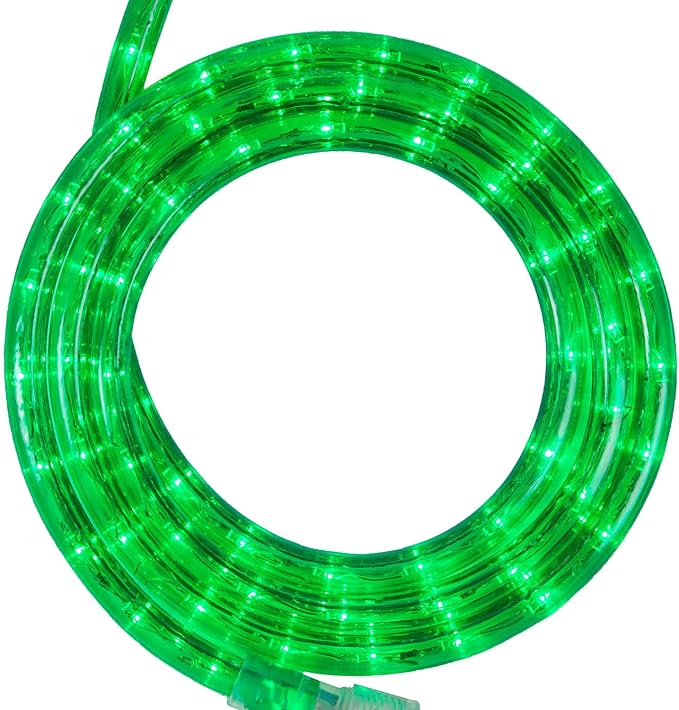 Wintergreen Lighting 18' LED Green Rope Light, Flexible Rope String Light Outdoor – Bedroom LED Light Rope, 120V, ½ Inch, 2-Wire – Rope Light Clips and Power Cord Included